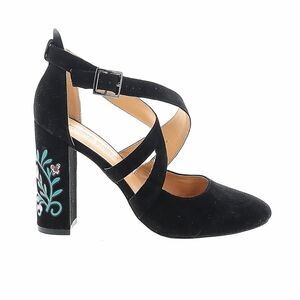 American Glamour Badgley Mischka high heeled black suede shoes floral appliqué